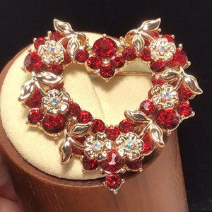 Heart Brooch Gold Tone Red And Iridescent Crystals 1.75” New
